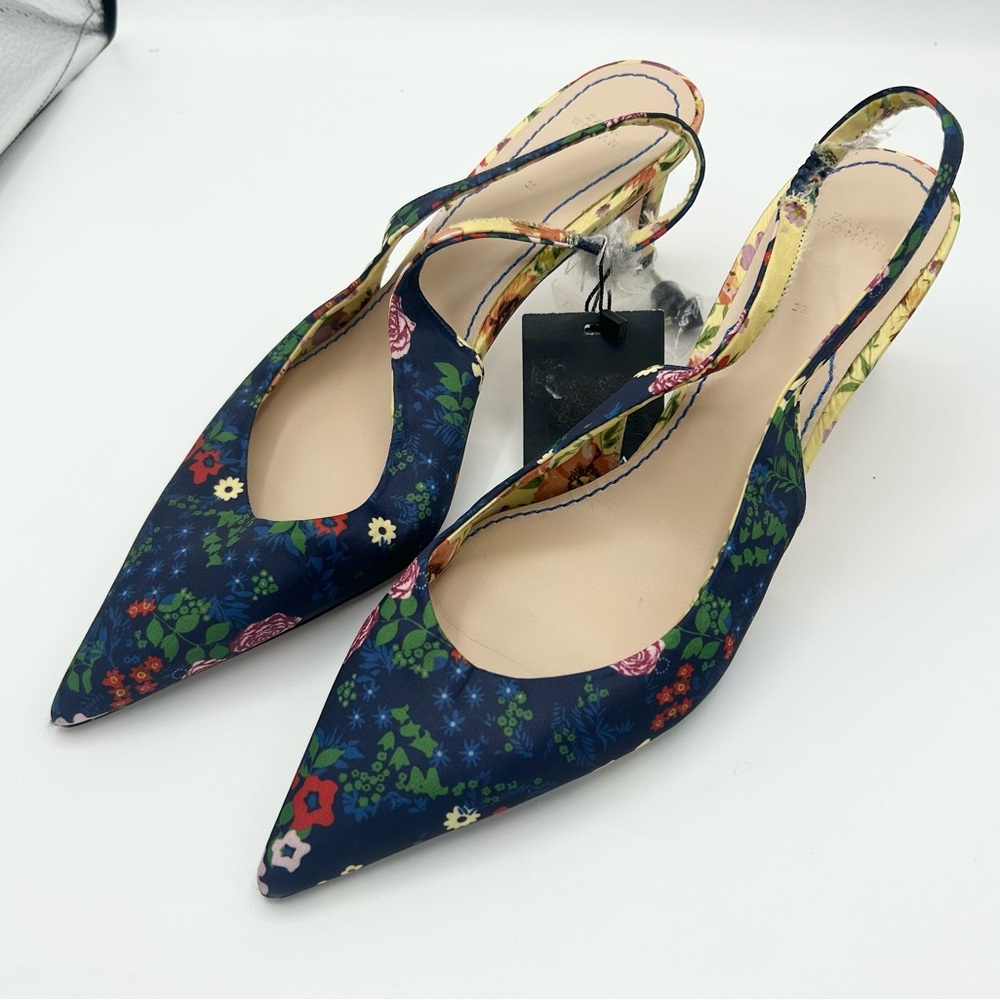 ZARA Printed Slingback Heels Floral Pointed Toe Mid Heel Shoes - Sz. 8